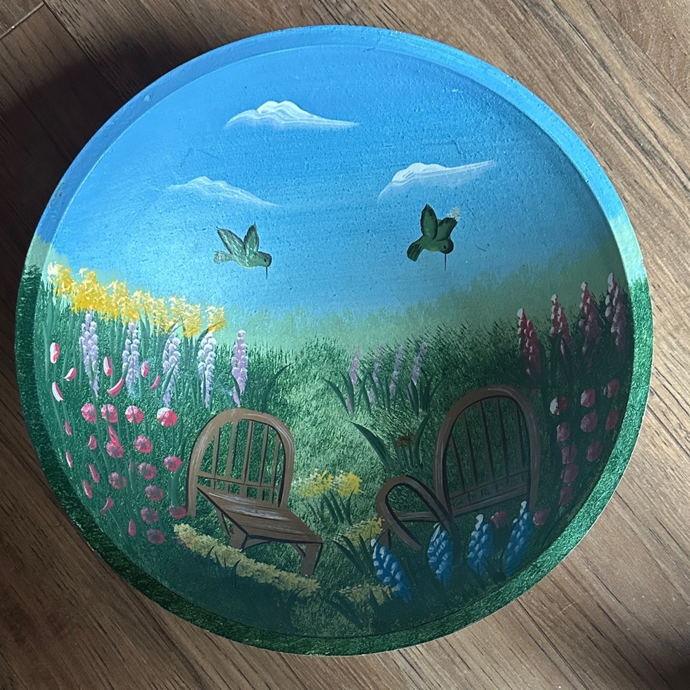 Vintage 1980s Decorative Garden/Field w/ Chairs & Hummingbirds Bowl -Rare Find